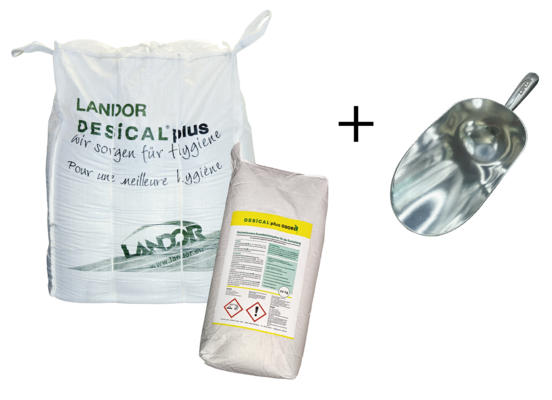Aktion Desical: DESICAL BigBag, DESICAL Odoro 20 kg Sack und LANDOR-Schaufel.